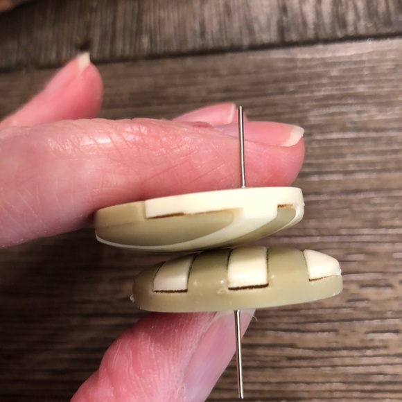 Round Striped Olive & Ivory Button Earrings - Picture 7 of 9